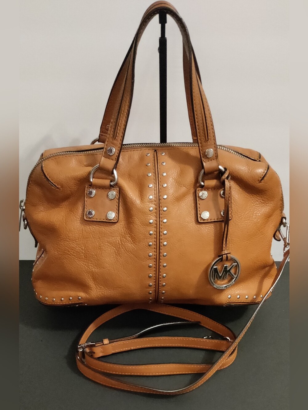 Michael Kors Astor Large Studded Leather Satchel Dark Caramel